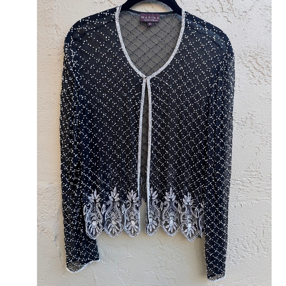 Vintage Marina Rinaldi Black White Beaded Silk Lace Sheer Cardigan SZ 16 Party